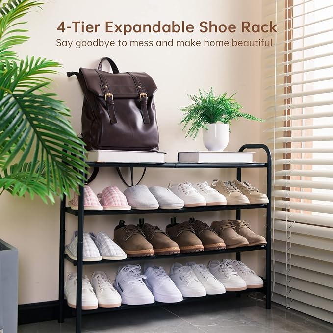 Gonfoam 4-Tier Expandable Shoe Rack,Adjustable Shoe Shelf Storage Organizer Heavy Duty Metal Free Standing Shoe Rack for Entryway Closet Doorway (Black) | Tool-Free Assembly, Metal Material, Adjustable Shoe Organizer, Sturdy, Small Space Solution, Dorm...