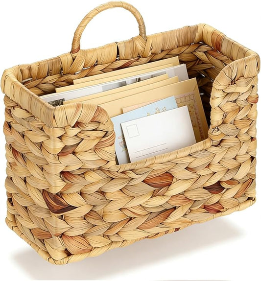 Hanging Magazine Basket, Woven Wall Magazine Holder Organizer with Handle for Mail, Files, Books - Water Hyacinth Farmhouse Storage Rack for Bathroom, Kitchen, Office