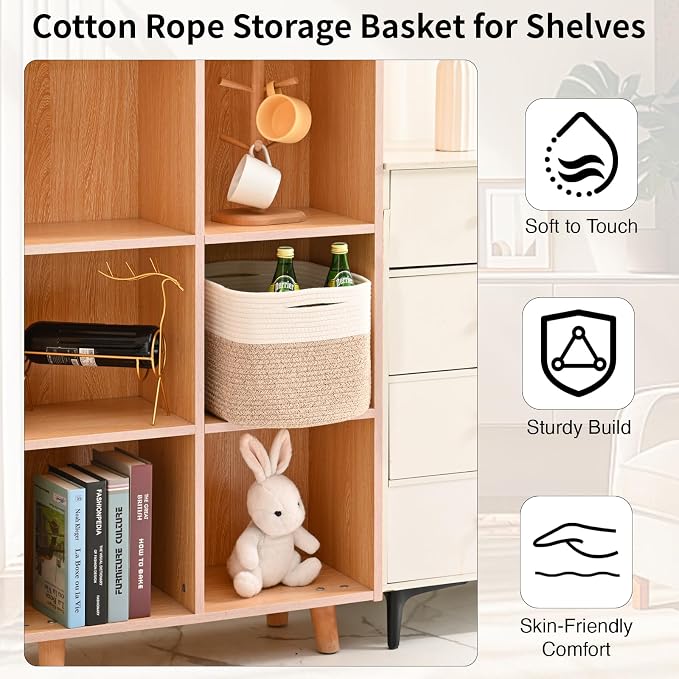 ICERZCZ Woven Cotton Rope Storage Basket for Organizing, Cute Decorative Baskets for Gifts Empty, Organizer Bins for Dog Toy, Baby Laundry, 15“×11”×9.5“, Off White & Brown