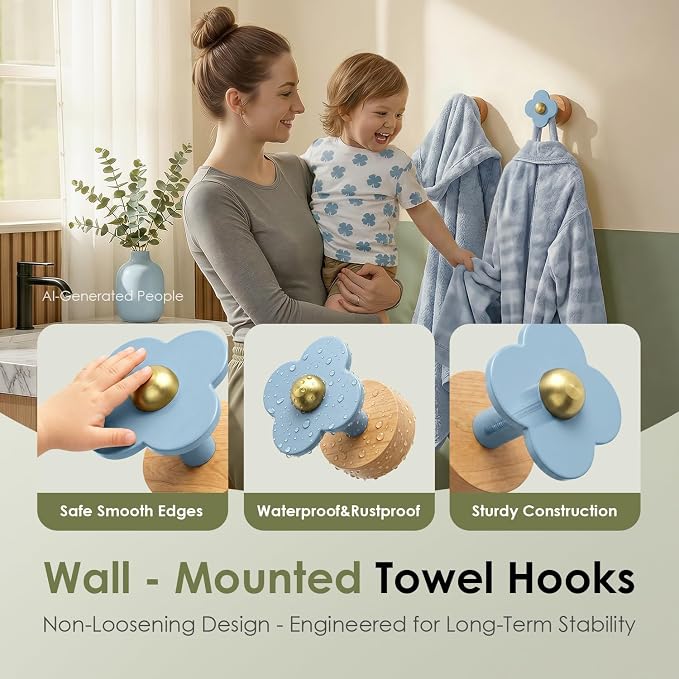 Tindbea Upgreded Heavy Duty Coat Rack Wall Mount for Entryway, Kids' Room | Cheery Wood，Blue