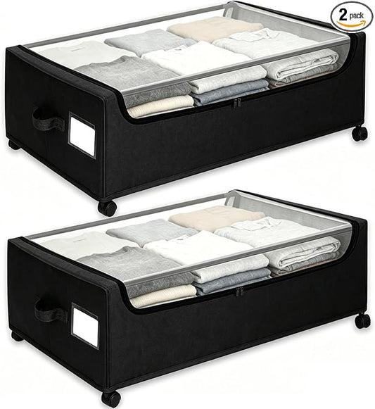 Under Bed Storage with Wheels, 2-Pack Under the Bed Storage Containers with Clear Lids & Label, Underbed Storage Bins, XXXL 85L 11 inches Rolling Metal Drawer for Clothes, Shoes, Toys, Books - Black