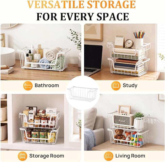 SUNALLY Stackable Storage Bins 4 Pcs Wire Baskets Freezer Organizer, White | Pantry Organizers Storage, Vegetable Fruit Storage Basket for Countertop, Kitchen Baskets for Onion Potato Snack Cans Storage