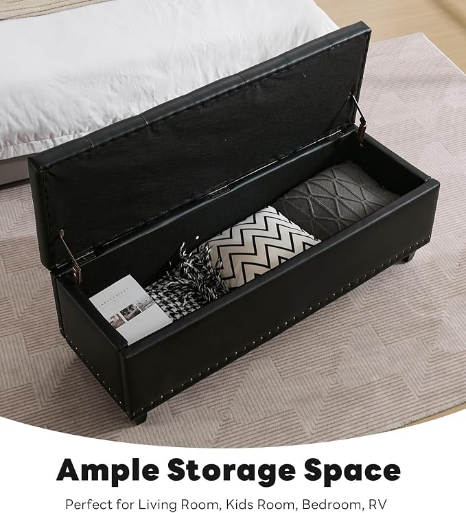 Tbfit Long Ottoman with Storage, 50.8" Faux Leather End of Bed Bench with Safety Hinge&Rivets, Entryway Benches Large Storage Ottoman Bench for Bedroom, Living Room, Holds up to 660 lb(Black)