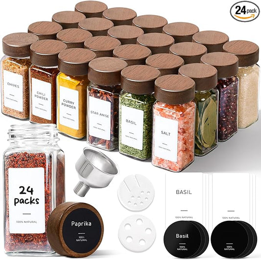 ComSaf Glass Spice Storage Jars with Acacia Wood Lids & Labels 4Oz 24Pack | Seasoning Container for Cooks, Herbs Pepper Salt Cinnamon Paprika, Spice Rack & Drawer, Canister with Shaker Insert & Funnel