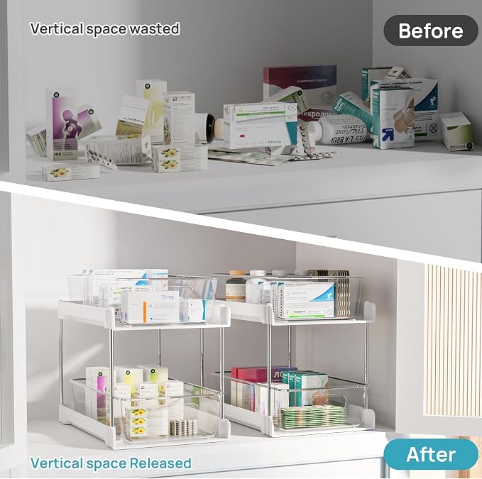 Vtopmart 2 Pack Pull Out Bathroom Under Sink Organizer (S-Standard, White) | Slide-out drawers, Multi-purpose storage, Clear visibility, Easy Set-up