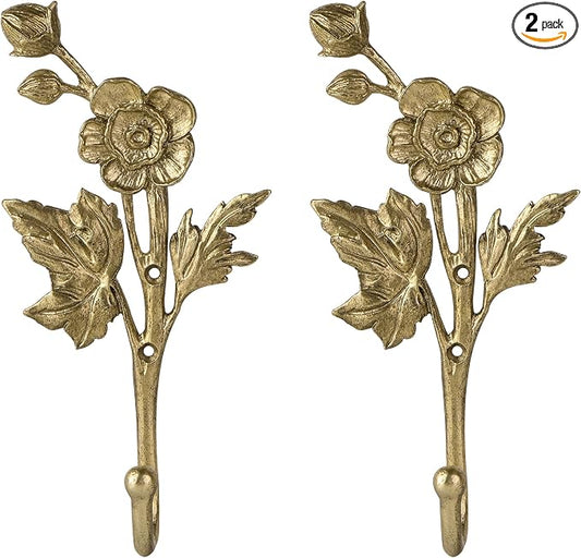 SOFFEE DESIGN 2pcs Metal Gold Coat Hooks with 3D Flowers & Buds Shape, for Entryway, Bathroom, Bedroom Home Decoration