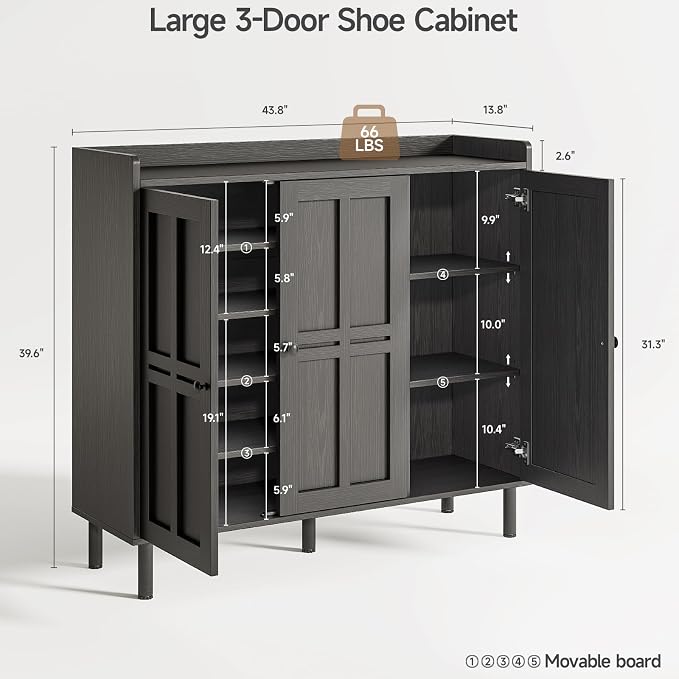 ONBRILL Shoe Cabinet with 3 Doors and Adjustable Shelves, 30 Pairs Shoe Storage Cabinet, 40 Inch Tall Farmhouse Shoe Rack Shoe Organizer Cabinet for Entryway Living Room Closet, Black