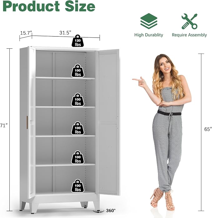 Bevivog 71" Kitchen Pantry Cabinet, Metal Storage Cabinet with 2 Doors and 4 Adjustable Shelves, Farmhouse Tall Food Cabinet Pantry Shelves Storage for Kitchen, Home Office, Living Room, Laundry
