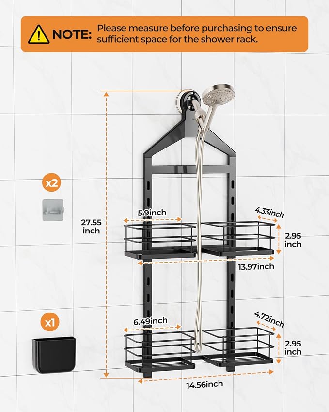 ODesign 2 Tier Shower Caddy for Handheld Shower Heads Anti-Swing Black | No drilling required,comes with removable hook and storage box,suitable for handheld and wall-mounted showerheads