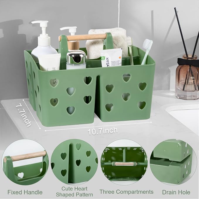 Portable Shower Caddy Plastic Shower Basket Organizer with Handle, Green | Divided Bathroom Caddy Storage Cleanning Caddy Tote for College, Dorm Room, Kitchen