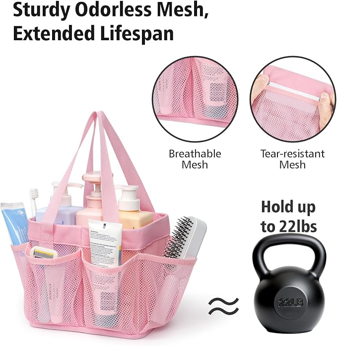 F-color Mesh Shower Caddy Portable - Stand Up 8 Pockets for Dorm, Pink | Stand Up Frame, S Hook, Collapsible Organizer, Mesh Shower Bag Bathroom Tote for College Dorm, Camping, Gym, Travel