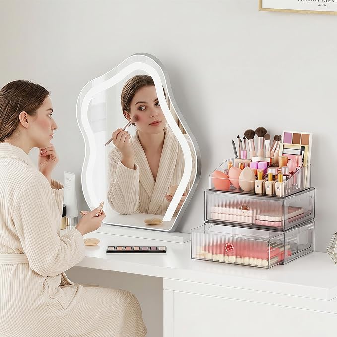 2 Tier Clear Makeup Organizer with Drawer, PET Cosmetic Storage for Dresser, Countertop & Bathroom Vanity, Holders for Lipstick, Brushes, Skincare & Beauty Supplies