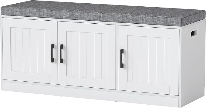 Turosur Shoe Storage Bench with Cabinet, 3-Tier Entryway Bench with Padded Seat Cushion, Shoe Cabinet Bench with 4 Adjustable Shelves for Bedroom, Mudroom, White