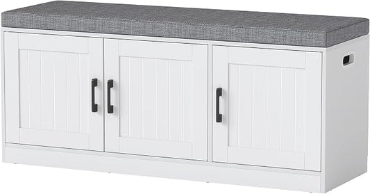 Turosur Shoe Storage Bench with Cabinet, 3-Tier Entryway Bench with Padded Seat Cushion, Shoe Cabinet Bench with 4 Adjustable Shelves for Bedroom, Mudroom, White
