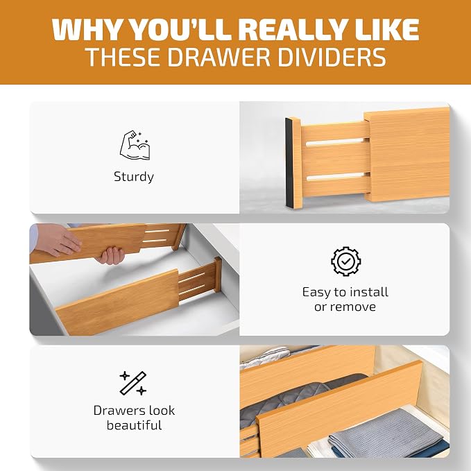 Bamboo Drawer Divider 4 Inch Deep, Fits 11.5-17 Inch, Adjustable Organizer