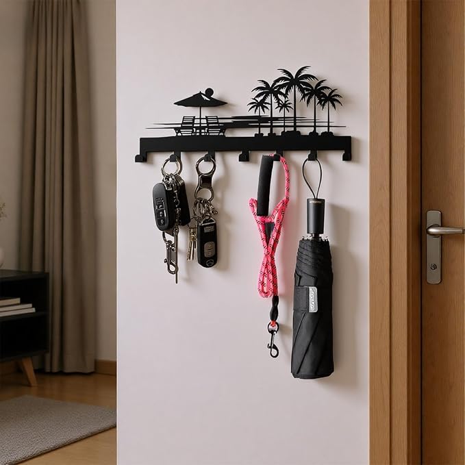 Tropical Style Key Holder Wall Mount with 7 Hooks, Key Hanger Organizer for Front Door, Hallway, Entryway & Office Decor, Featuring Sunset and Coconut Tree Design