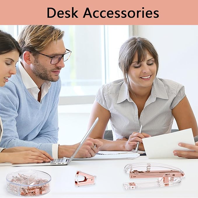 suniya Office Supplies Rose Gold Desk Accessories Set Office Supplies Kit with Stapler, Tape Dispenser, Scissors, Staple Remover, Ballpoint Pen, Clear Tape & Staples – Best Gift for Business or Boss