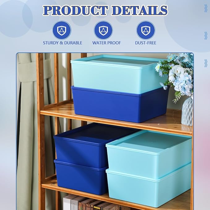 6 Pcs Large Plastic Storage Bins with Lids 14.4 x 10.4 x 5.1 Inch Stackable Storage Containers Decorative Cubby Organizer for Clothes Shelves Garage Closet Office (Blue Series)