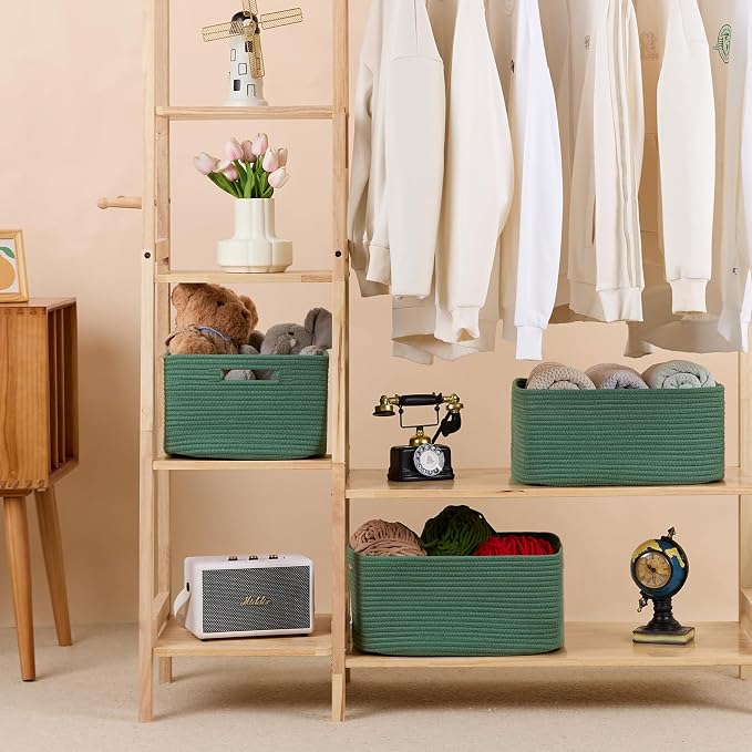 MiniArk Large Storage Baskets for Shelves, 17 x 13 x 7.5” Closet Organizers Bins for Clothes Blanket Towels, Baby Nursery, Toy Baskets Box, Woven Rope Baskets, 3 Packs Green