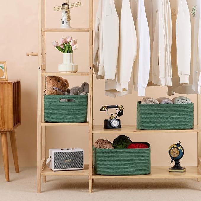 MiniArk Large Storage Baskets for Organizing, 17 x 13 x 7.5” Closet Shelf Baskets for Clothes Blanket Towels, Baby Nursery, Toy Bins Box, Woven Rope Baskets, 4 Packs Green