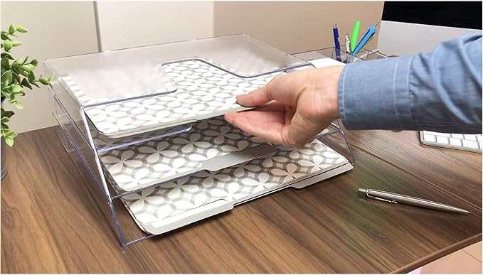 Acrimet Horizontal Triple File Folder Organizer Sorter, Letter Size, Clear | 3 compartments to separate and organize documents, folders and papers