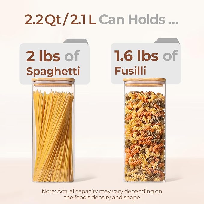 ComSaf Pasta Containers Storage 2.2 Qt, Set of 3 Tall Glass Spaghetti Jar | Rectangle Kitchen Canisters, 11.3-Inch Tall Jars,Pantry Organizers, Dry Food Storage Containers 70oz, Flour, Cereal, BPA Free