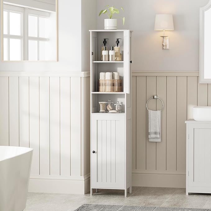 Homleke Tall Bathroom Storage Cabinet with 2 Doors, Slim Bathroom Cabinet | Narrow Storage Cabinet with Adjustable Shelves, Anti-Tip Design, Reversible Door, Easy Assembly, White, 15.7''W