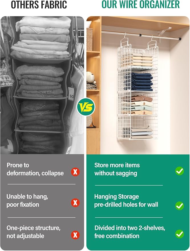 Hanging Closet Organizer, 4 Tier Metal Closet Organizers and Storage with 4 Hanging Hooks 4 S-Hooks for Wardrobe Laundry Room, Wire Storage Shelf for Clothes Sweaters Pants (White)