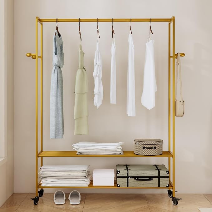 Gold Rolling Garment Rack with Shelves and Hooks,Freestanding Metal Clothing Rack with Wheels,Modern Clothes Hanging Rack for Bedroom,Closet,Boutique Display