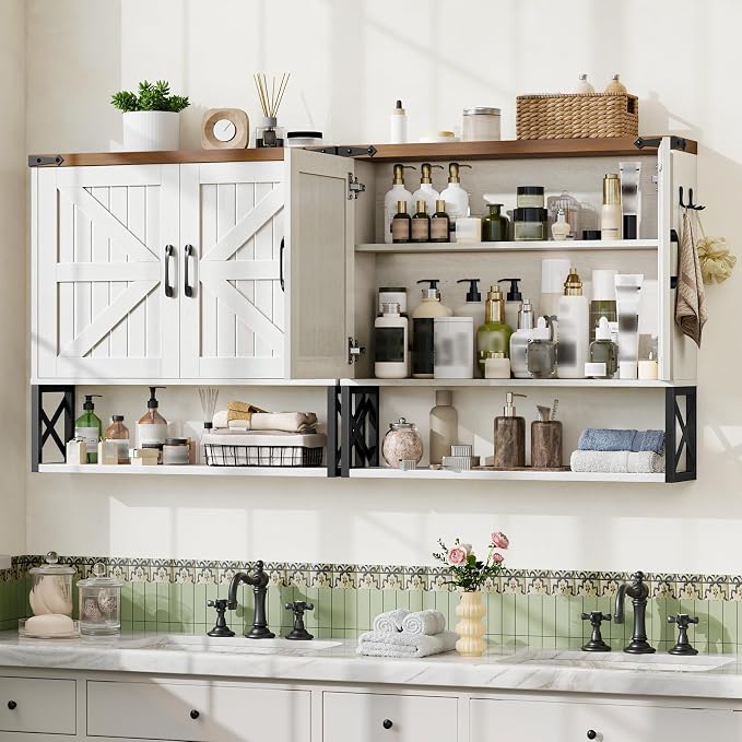 Vabches Bathroom Wall Cabinet, Farmhouse Medicine Cabinet, Rustic White | Vintage Storage Cabinet Wall Mounted with Double Barn Doors and Iron Shelf for Bathroom, Kitchen, Rustic White and Brown