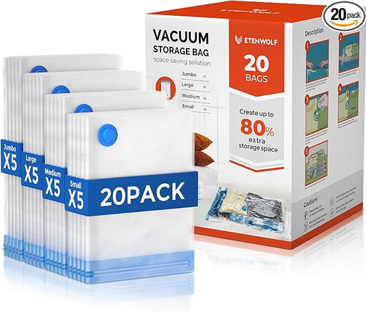 ETENWOLF 20 Combo Vacuum Storage Bags for Travel | Vacuum Seal Bags for Clothing Travel, Compression Packing Bags for Clothes and Blankets, Space Saver Bags in Carry-On Sizes