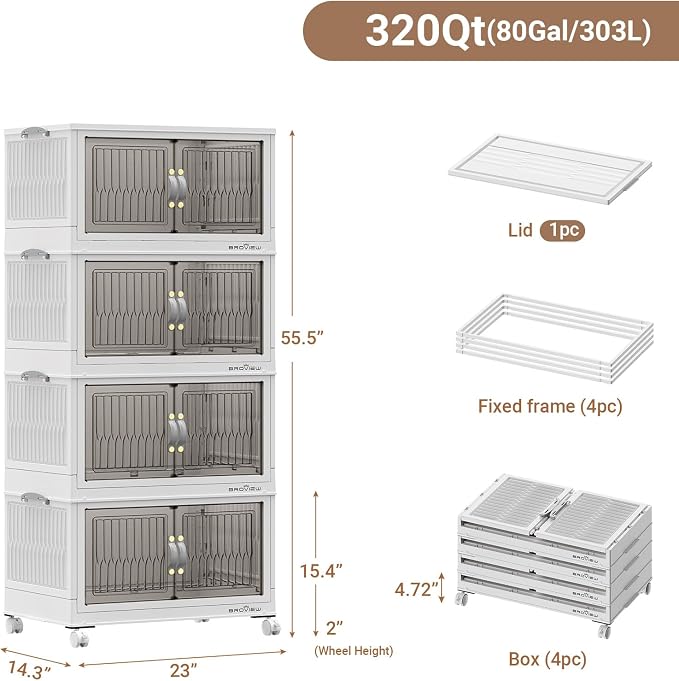 BROVIEW 320 Qt Stackable Storage Bins with Lid, Plastic Closet Organizers and Storage Drawer, Collapsible Storage Box with Wheels, Folding Storage Cabinet for Closet Clothes Organization, 4Pack White