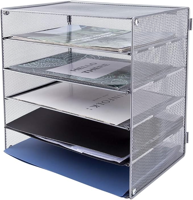 5 Slot Mesh Desk Organizer Tray, File Paper Letter Folder Holder Desktop Paper Sorter Mail Organization Rack Storage Accessories, for Office Home School Classroom, Silver