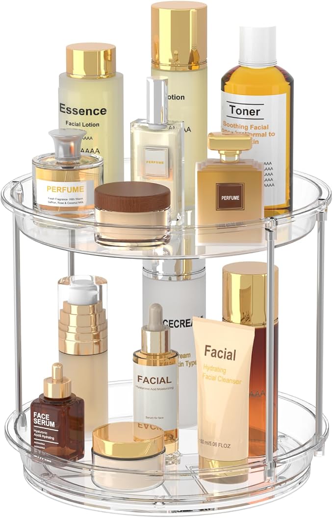 360 Rotating Makeup Organizer, 2 Tier Skincare & Perfume Holder for Bathroom Counter, Clear Spinning Vanity Tray, Lazy Susan Turntable Organizer for Dresser, Kitchen Cabinet
