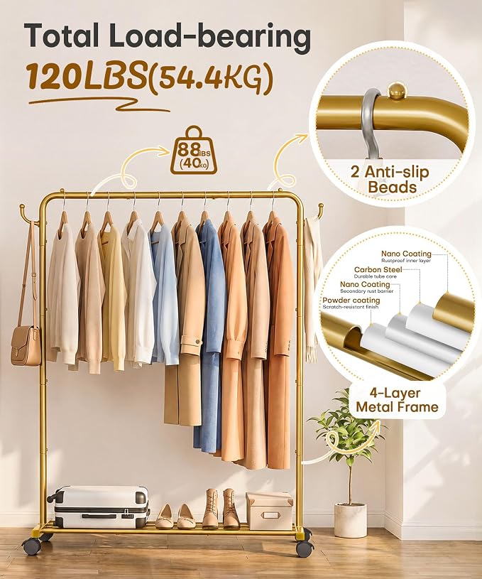 Homde Portable Clothes Rack for Bedroom: 4 Lockable Wheel Move Room-to-Room | Laundry to Closet in 1 Smooth Roll - No Heavy Lifting for Renters & Movers - 88 lbs Hanging Rod for Garment Coat to T-Shirt