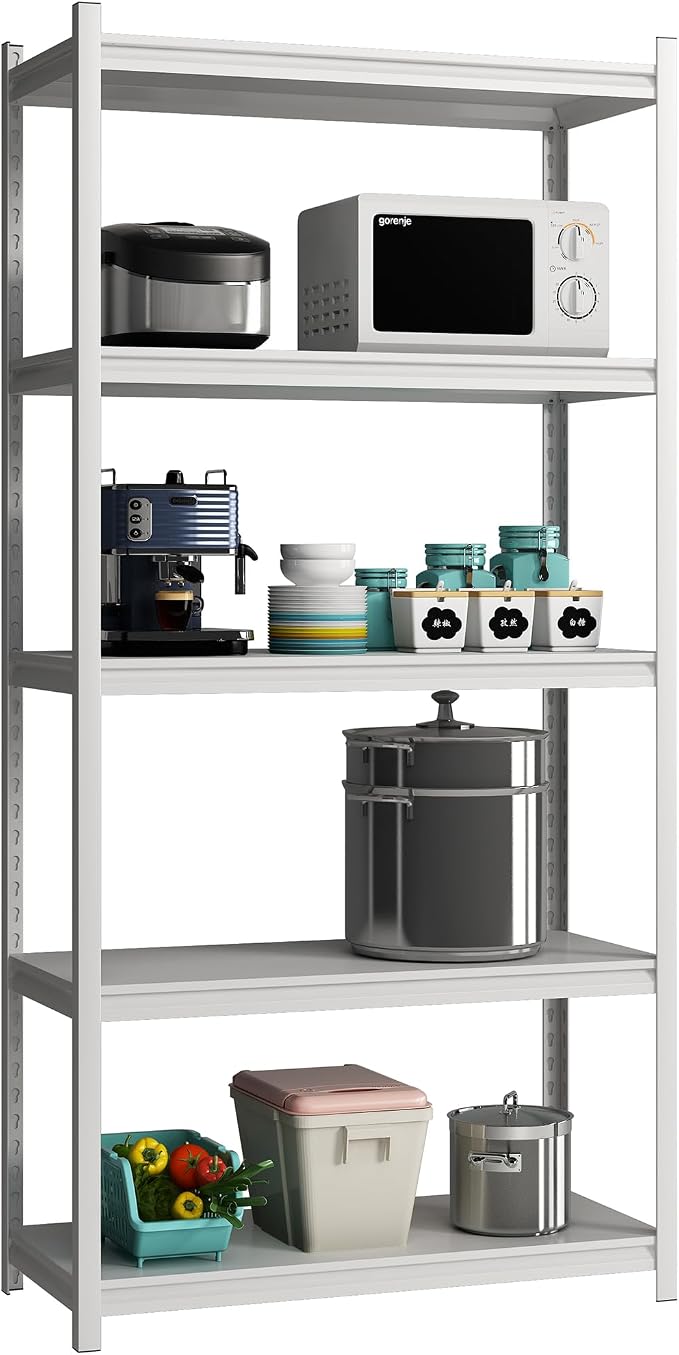 5 Tier Metal Storage Shelves Adjustable Garage Shelving, Heavy Duty Industrial Utility Rack Organization for Kitchen, Pantry, Closet, Garage, Office (White)
