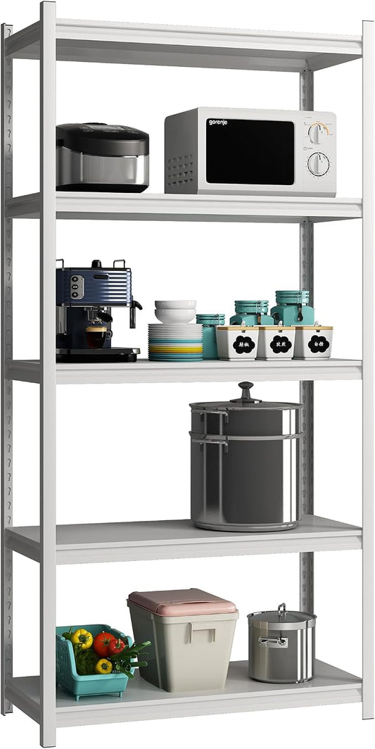 5 Tier Metal Storage Shelves Adjustable Garage Shelving, Heavy Duty Industrial Utility Rack Organization for Kitchen, Pantry, Closet, Garage, Office (White)