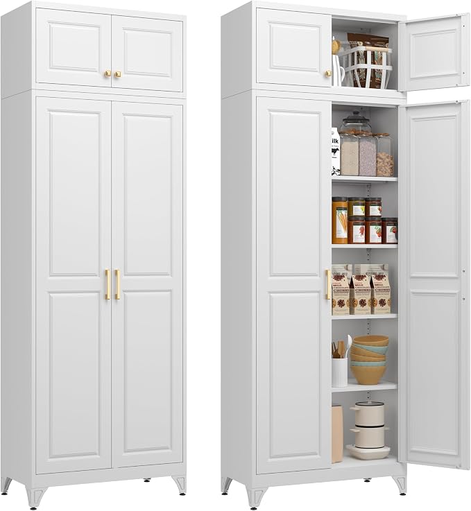 Polup 90" Pantry Cabinet, Tall Metal Storage Cabinet with Doors and Shelves | White Kitchen Cabinet, 5 Adjustable Shelving, Heavy-Duty, 2 Gold Handles, 4 Standing Feet, for Dining Room Garage & Laundry