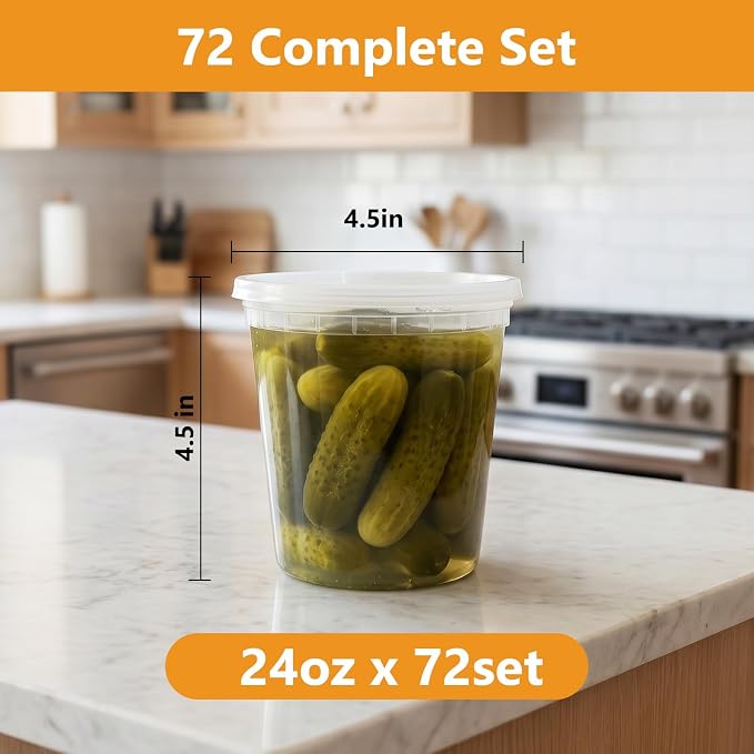 72 Sets (144-Piece) Deli Containers with Lids,24oz X 72 Set Each, Leak-Proof & BPA Free Airtight Takeout Plastic Food Storage Containers for Soup, Meal Prep, Microwave/Freezer Safe