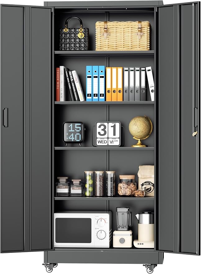 INTERGREAT Metal Storage Cabinet with Wheels, 73" Rolling Storage Cabinets with Door and 4 Shelves, Tall Storage Cabinets Locker on Caster for Home, Office, Black
