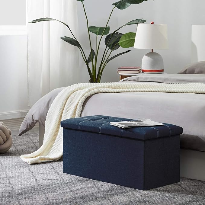 YOUDENOVA 30" Linen Ottoman with Storage, Folding Bench, Blue | Foldable linen ottoman with hidden storage, padded seat and sturdy frame for living room or bedroom.