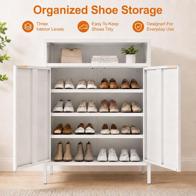 VINGLI Metal Shoe Cabinet, White Entryway Shoe Storage Cabinet with 2 Doors and Open Shelf, 31.5" Waterproof Metal Shoe Rack Organizer with Adjustable Shelves for Hallway, Entryway, Closet