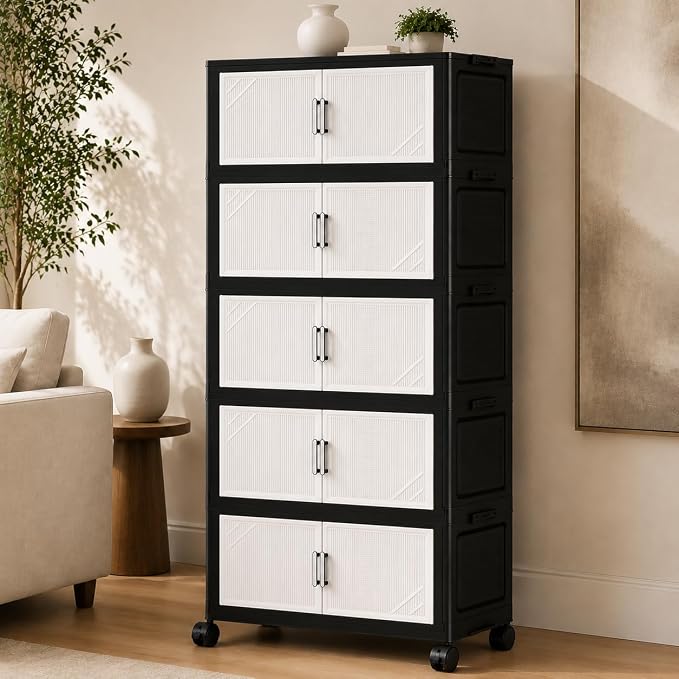 5 Tier Foldable Storage Cabinet with Top Lid, Tall Mobile PP Storage Organizer with Magnetic Doors and Wheels, Space-Saving Collapsible Organizer for Bedroom Living Room Kitchen Pantry Bathroom