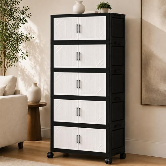 5 Tier Foldable Storage Cabinet with Top Lid, Tall Mobile PP Storage Organizer with Magnetic Doors and Wheels, Space-Saving Collapsible Organizer for Bedroom Living Room Kitchen Pantry Bathroom