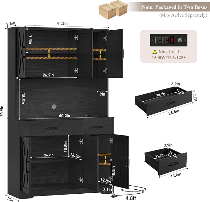 HOSTACK 71" H Kitchen Pantry Storage Cabinet,Farmhouse Hutch Cabinet, Black | Space-Saving Pantry Cabinet with Charging Station & 2 Large Drawers & Adjustable Shelves, Tall Kitchen Hutch for Dining Room