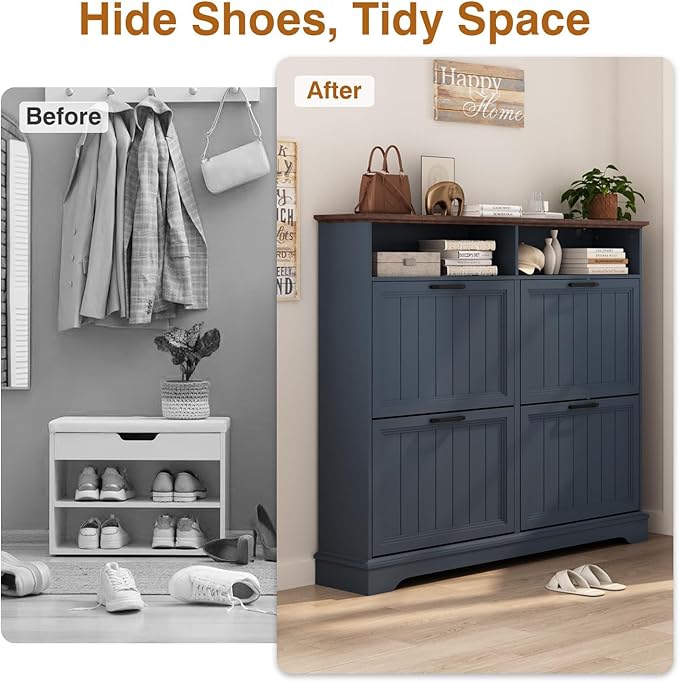 Hidden Shoe Storage Cabinet with 4 Flip Drawers & Open Storage | Farmhouse Modern Shoes Rack Cabinet,Adjustable Shelves ,Narrow Slim Shoe Organizer for Entryway,Foyer,Hallway,Navy Blue