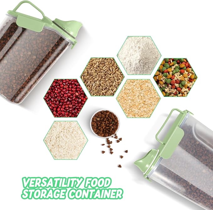 LEAWALK 5-7Lbs Dog Cat Food Storage Container with Upgraded Large Nozzle BPA-free, 4 Snap Seals Plastic Pet Food Storage Containers with Handles (Green x 2, (5L+3L) 2pack)
