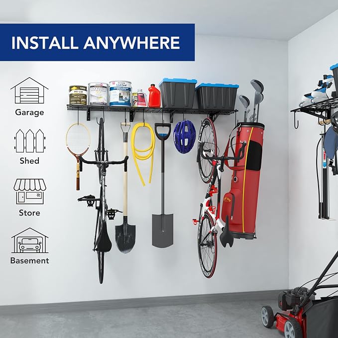 FLEXIMOUNTS 2-Pack 1x3 ft Garage Wall Shelving, Include 8 Bike Hooks, Black | Wall Shelf Garage Organization System w/Bike Hangers, Storage Rack, Floating Shelves, 300 lbs Weight Capacity, Classic Series