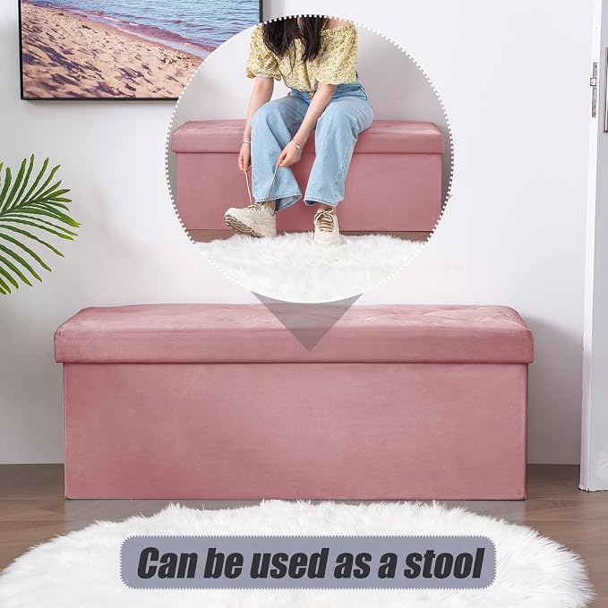 BRIAN & DANY 43 Inches Folding Storage Ottoman Bench, Velvet Ottoman with Storage for Living Room, Bedroom, Entryway, Ottoman Foot Rest, End of Bed Bench (Dusty Pink)