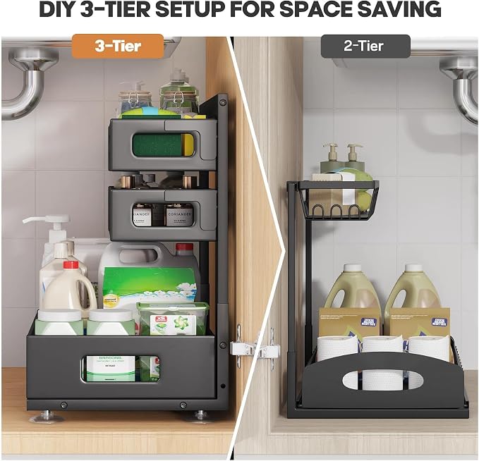 2 Pack 19IN-Depth Under Sink Organizer,Pull Out Cabinet Organizer With Smooth Cylindrical Rail,Metal Slide Out Drawer for Kitchen Bathroom Laundry,8-Level Tool Free Height Adjustable-Black